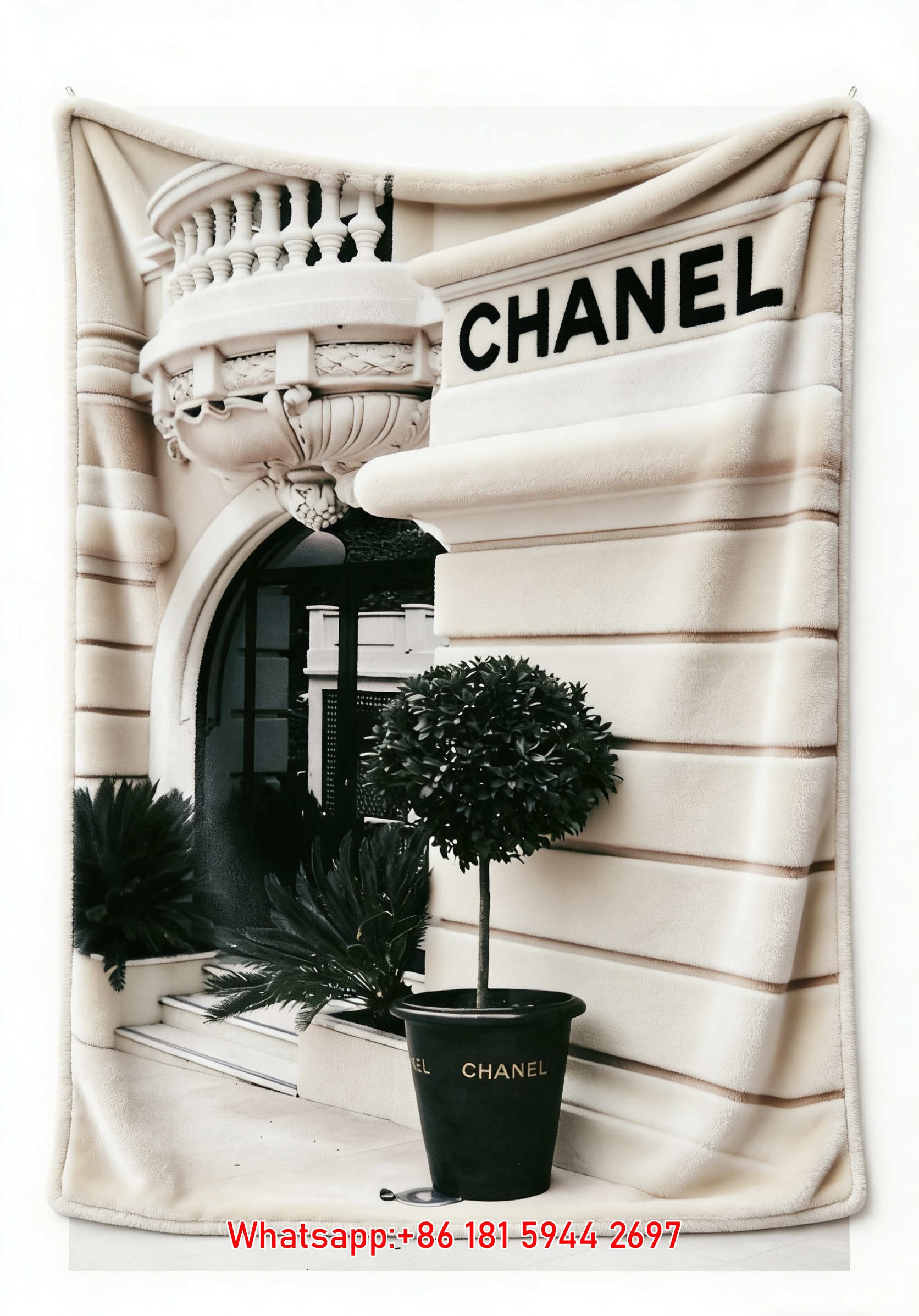 Luxury Chanel Store Facade Flannel Throw Blanket  Minimalist Black & White Parisian Print IMG_7194